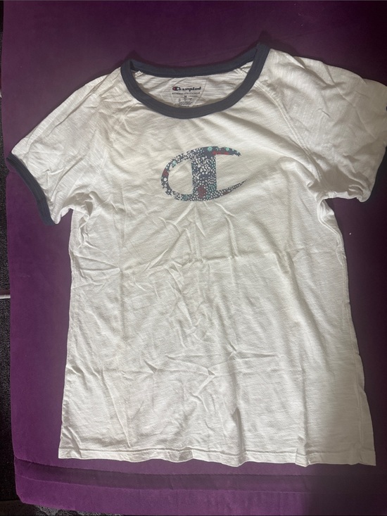 Champion Tops - Champion White Tee with Navy Trim and Floral Logo